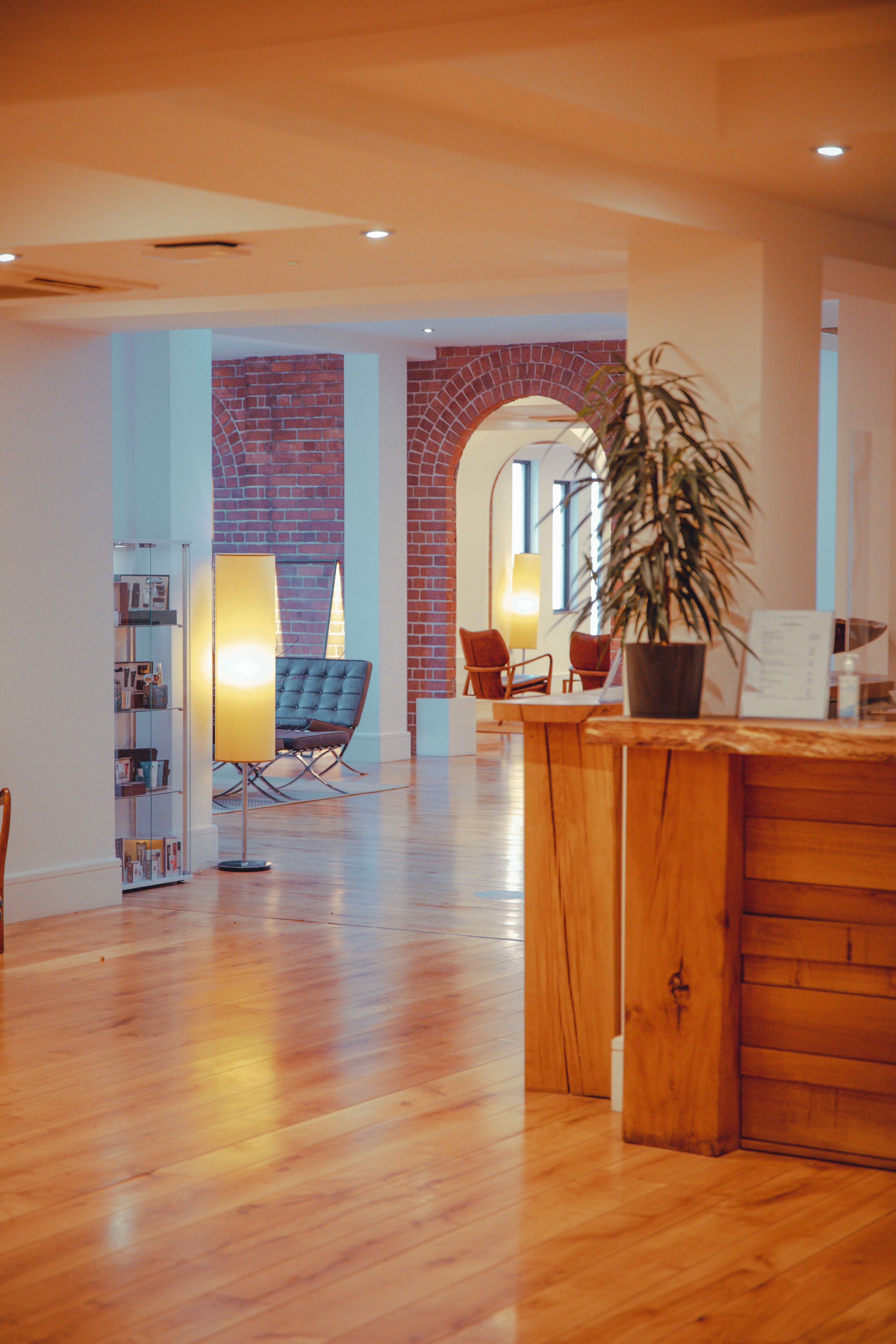 A spacious lobby with a wooden reception desk, a seating area with chairs, a bookshelf, and a large potted plant.