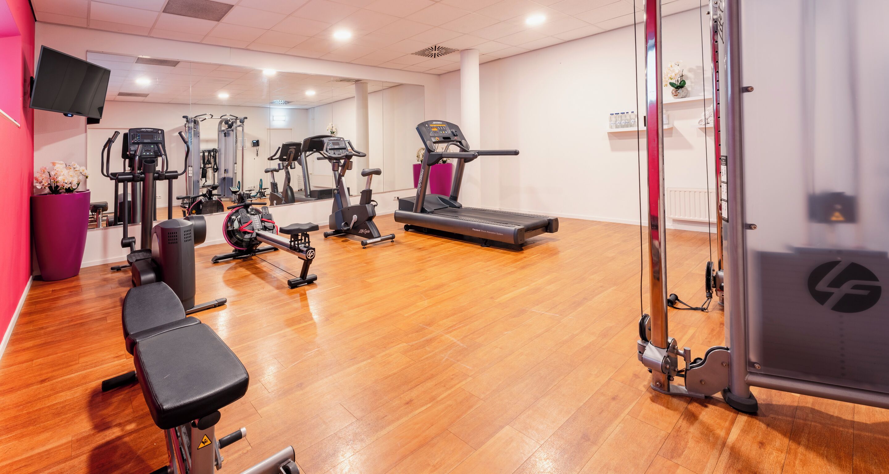 A gym with cardio machines, a bench, and a mirror.