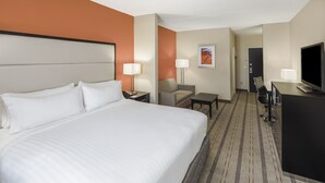 Ein Hotelzimmer mit einem großen Bett, einem Schreibtisch, einem Sessel, einem Fernseher und einer Lampe.