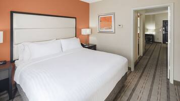 Quarto de hotel com uma cama grande, uma mesa de cabeceira, uma luminária, um quadro na parede e uma porta que dá para um corredor.