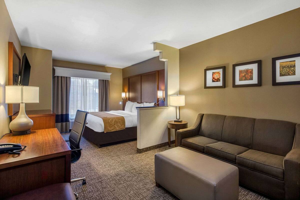 A hotel room with a bed, a desk with a lamp, a couch, and a small table.