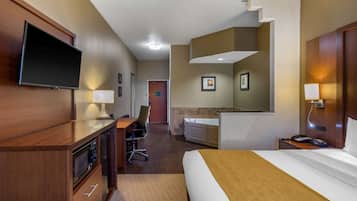 Individually furnished, desk, laptop workspace, iron/ironing board
