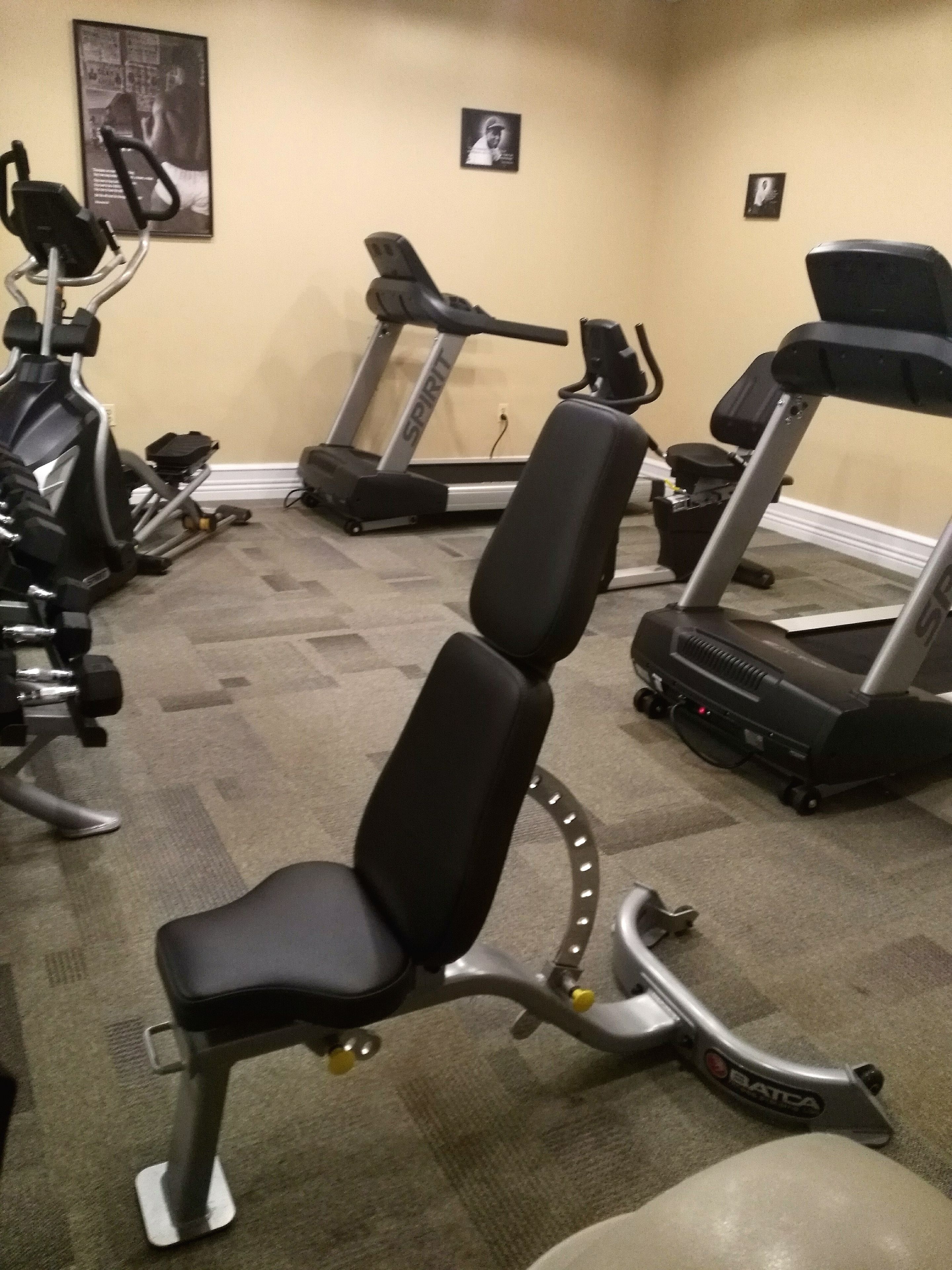A gym with various exercise equipment including a treadmill, stationary bike, and weight machines.