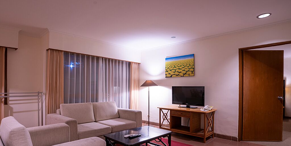 Quarto de hotel com sofá, mesa de centro, televisão e um quadro na parede.