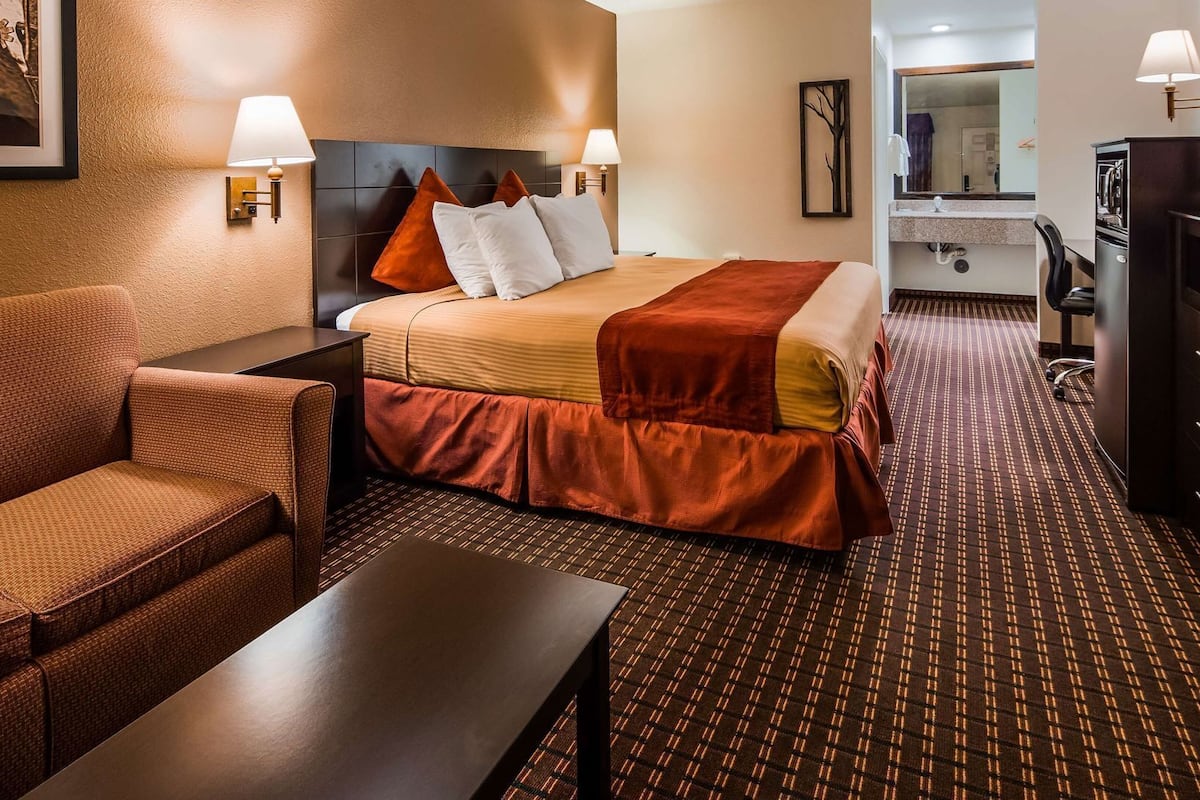 A hotel room with a bed, a sofa, a desk, a dresser, and a mirror.