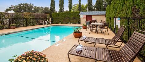 A swimming pool with lounge chairs and a table, surrounded by greenery and a small building.