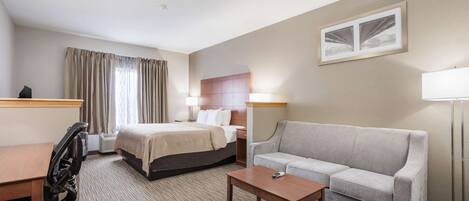 A hotel room with a bed, a sofa, a desk, a chair, and a lamp.