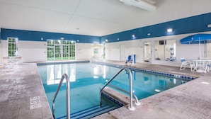 Una piscina interior con agua azul cristalina, un borde de baldosas y una decoración azul y blanca.