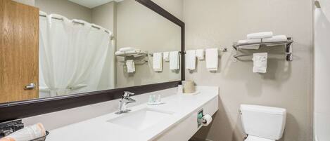 Une salle de bain équipée d’un lavabo, d’un miroir, d’un porte-serviettes et de toilettes.