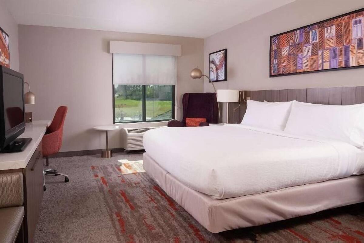 ألحفة محشوة بالريش وخزنة داخل الغرفة ومكتب ومساحة عمل للكمبيوتر المحمول
