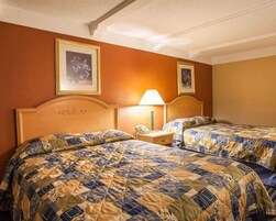Habitación de hotel con dos camas, cada una con cubrecama estampado, una mesita de noche con lámpara y cuadros enmarcados en la pared.