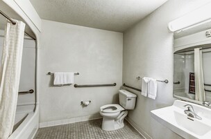 Un baño con inodoro, lavabo y zona de ducha.