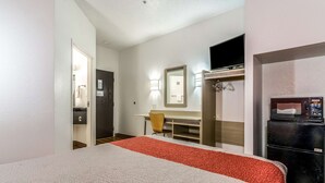Une chambre d’hôtel comprenant un lit, un bureau avec une chaise, une télévision et un réfrigérateur.