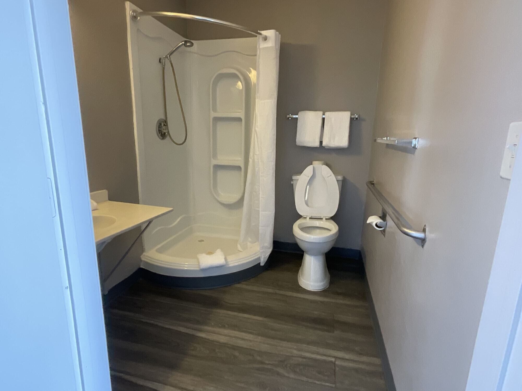 A bathroom with a shower, toilet, and sink.