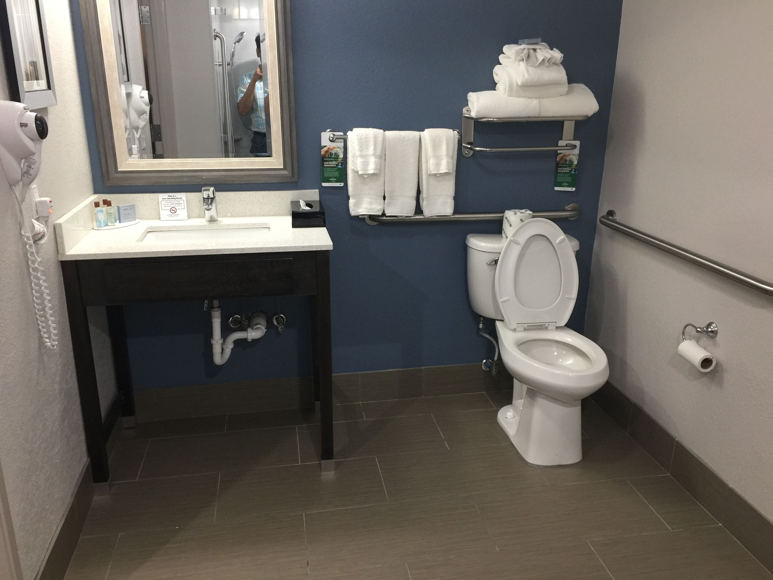 free toiletries, hair dryer, towels