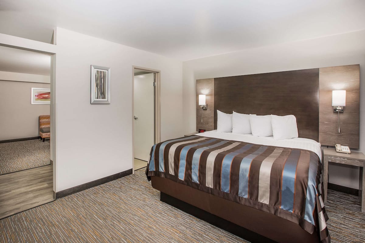 A hotel room with a large bed, a nightstand, a wall-mounted lamp, and a framed picture on the wall.