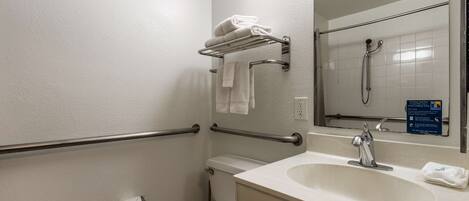 A bathroom with a toilet, sink, and handrails.