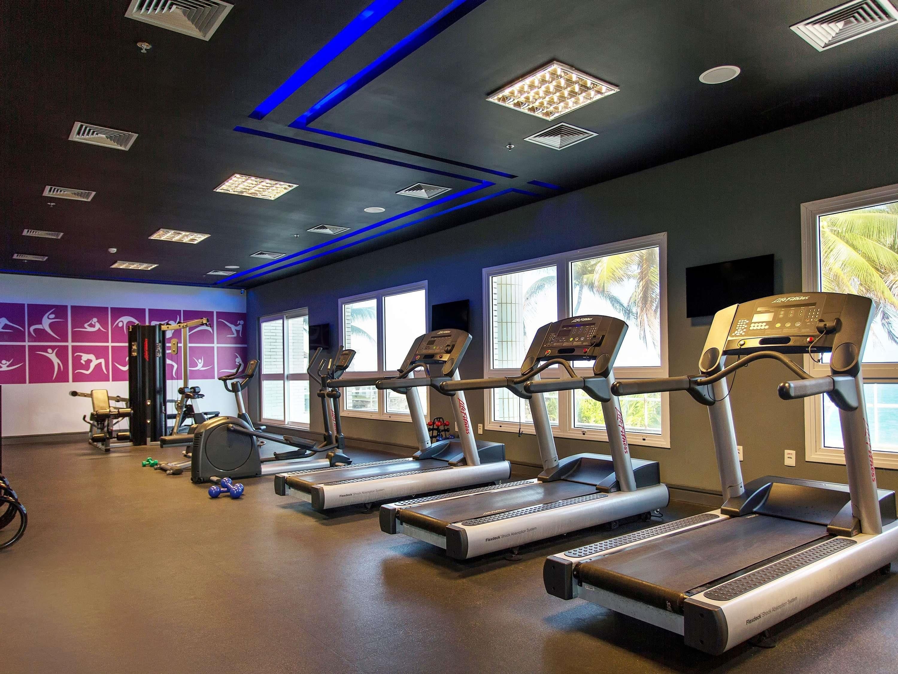 Un gimnasio con cintas de correr, máquinas de pesas y un amplio ventanal.