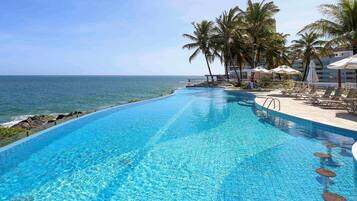 A clear blue pool with a view of the ocean, surrounded by palm trees and lounge chairs.
