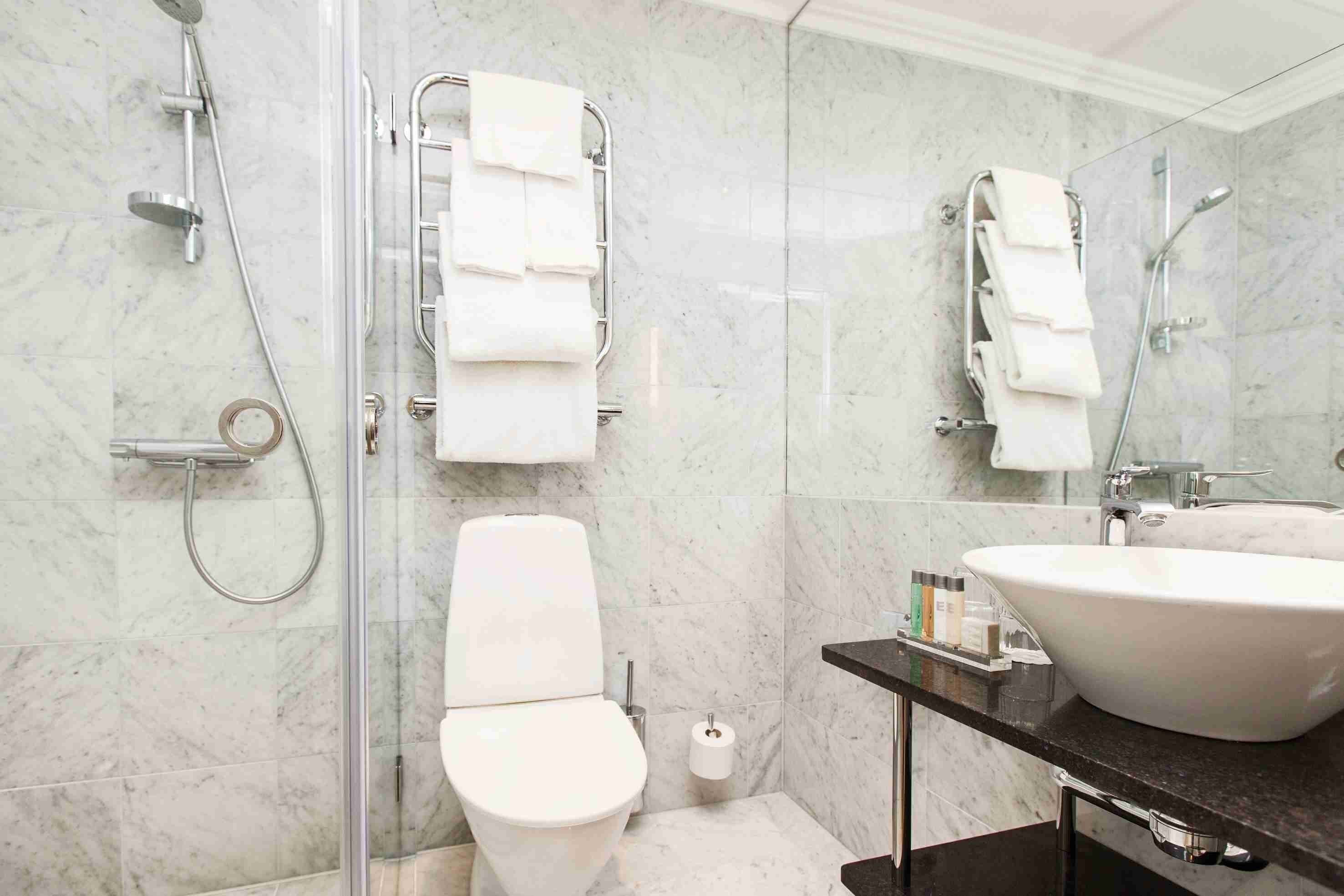 A modern bathroom with a glass-enclosed shower, a toilet, a large sink, and a mirror.