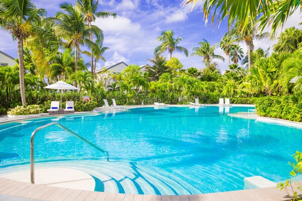 Outdoor pool, pool umbrellas, pool loungers