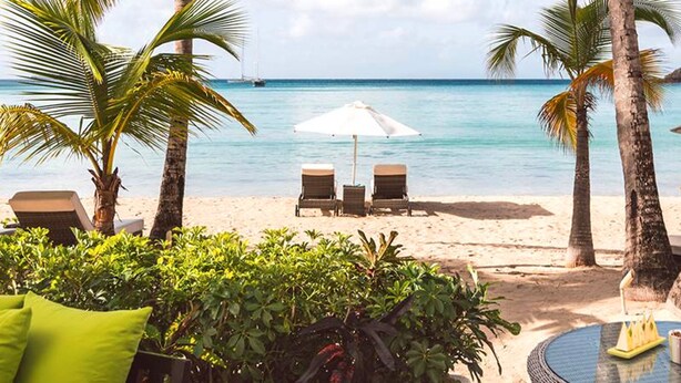 A beach with palm trees, a white umbrella, and two lounge chairs. - Carlisle Bay (Carlisle Bay)
