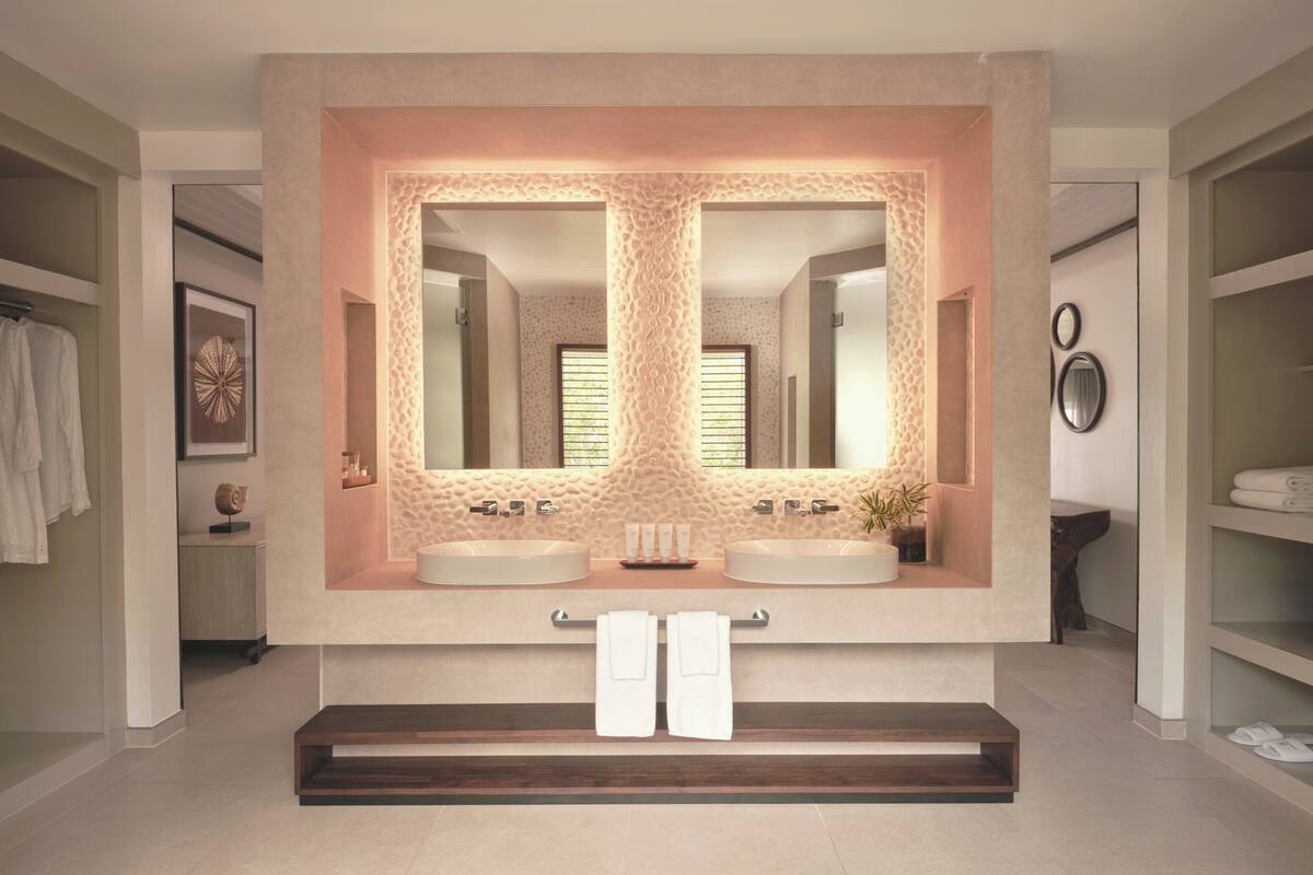 separate bathtub and shower, designer toiletries, hair dryer, bathrobes