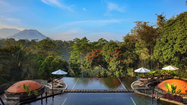 An infinity pool with a view of a mountain, surrounded by lush greenery and red flowers. - MesaStila Resort and Spa (Pringsurat)