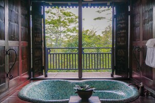Arum Garden Villa | Bathroom | Combined shower/tub, deep soaking tub, rainfall showerhead