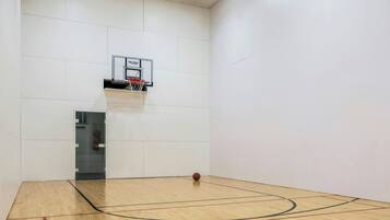 An indoor basketball court with a hoop and a ball.