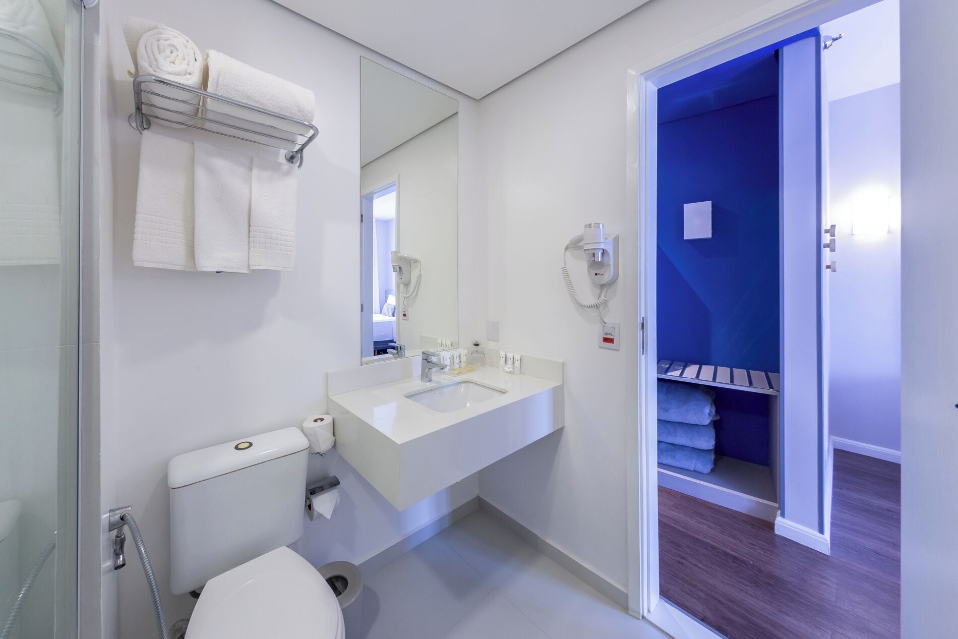 family room | bathroom | shower, hair dryer, towels, soap