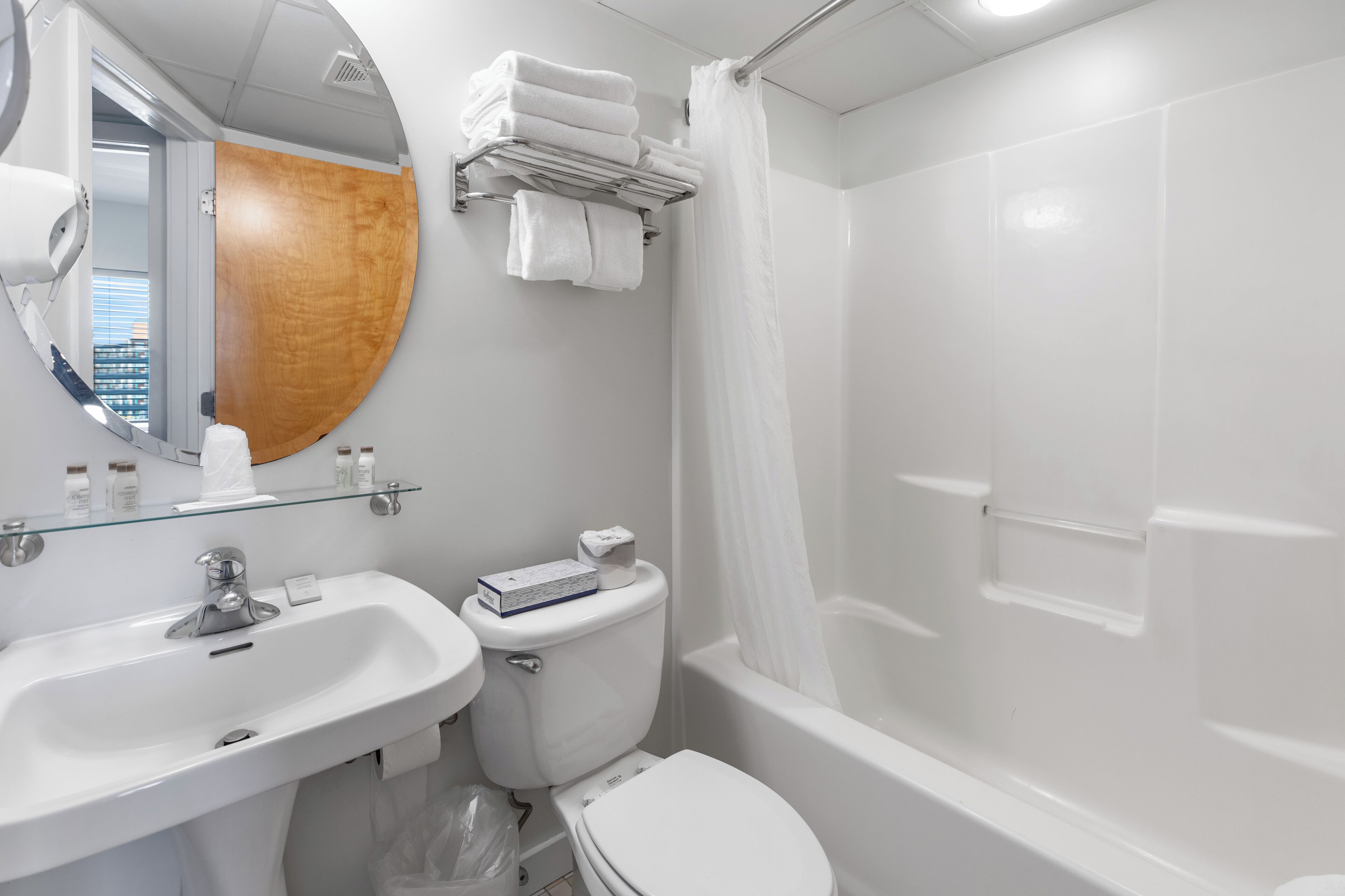 combined shower/bathtub, free toiletries, hair dryer, towels