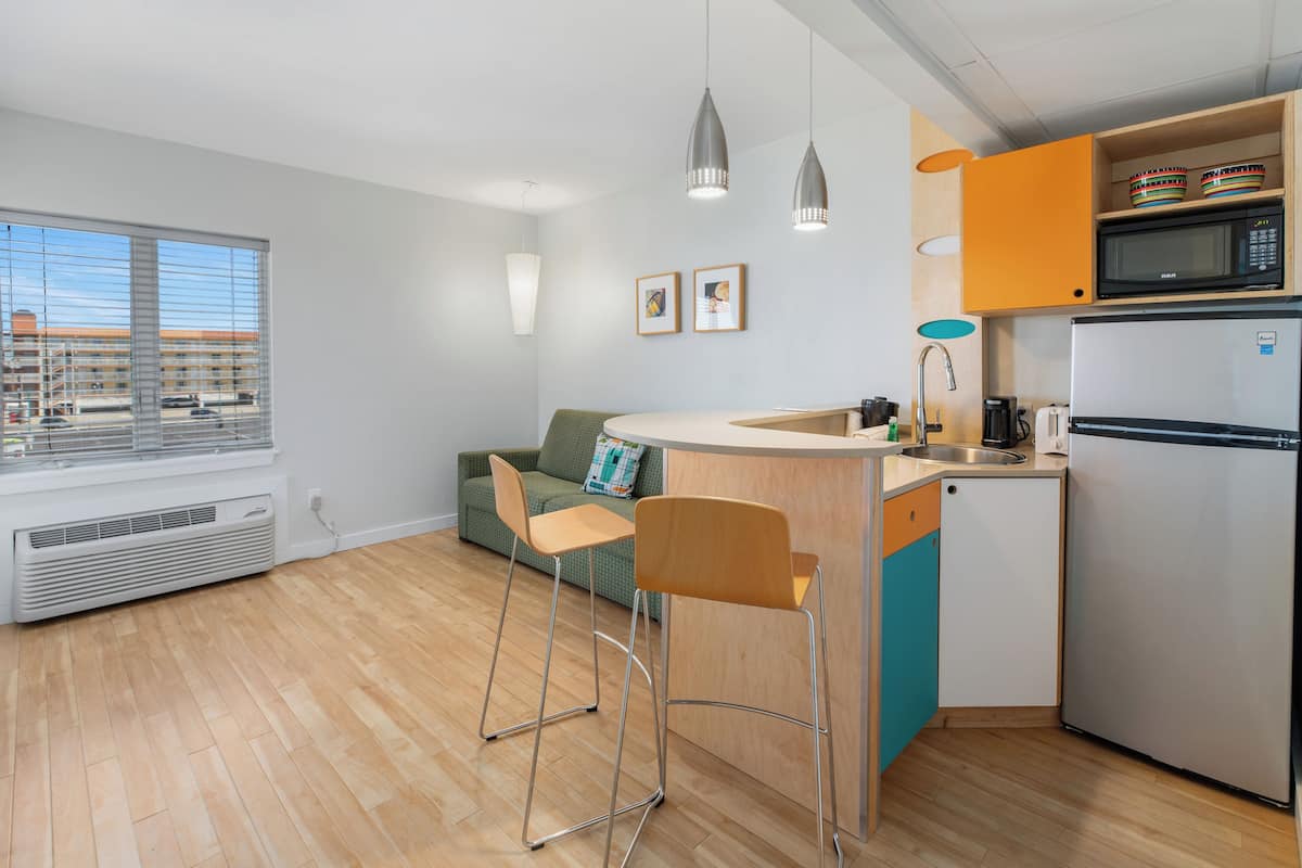 standard suite, 1 king bed with sofa bed | living area | tv, dvd player