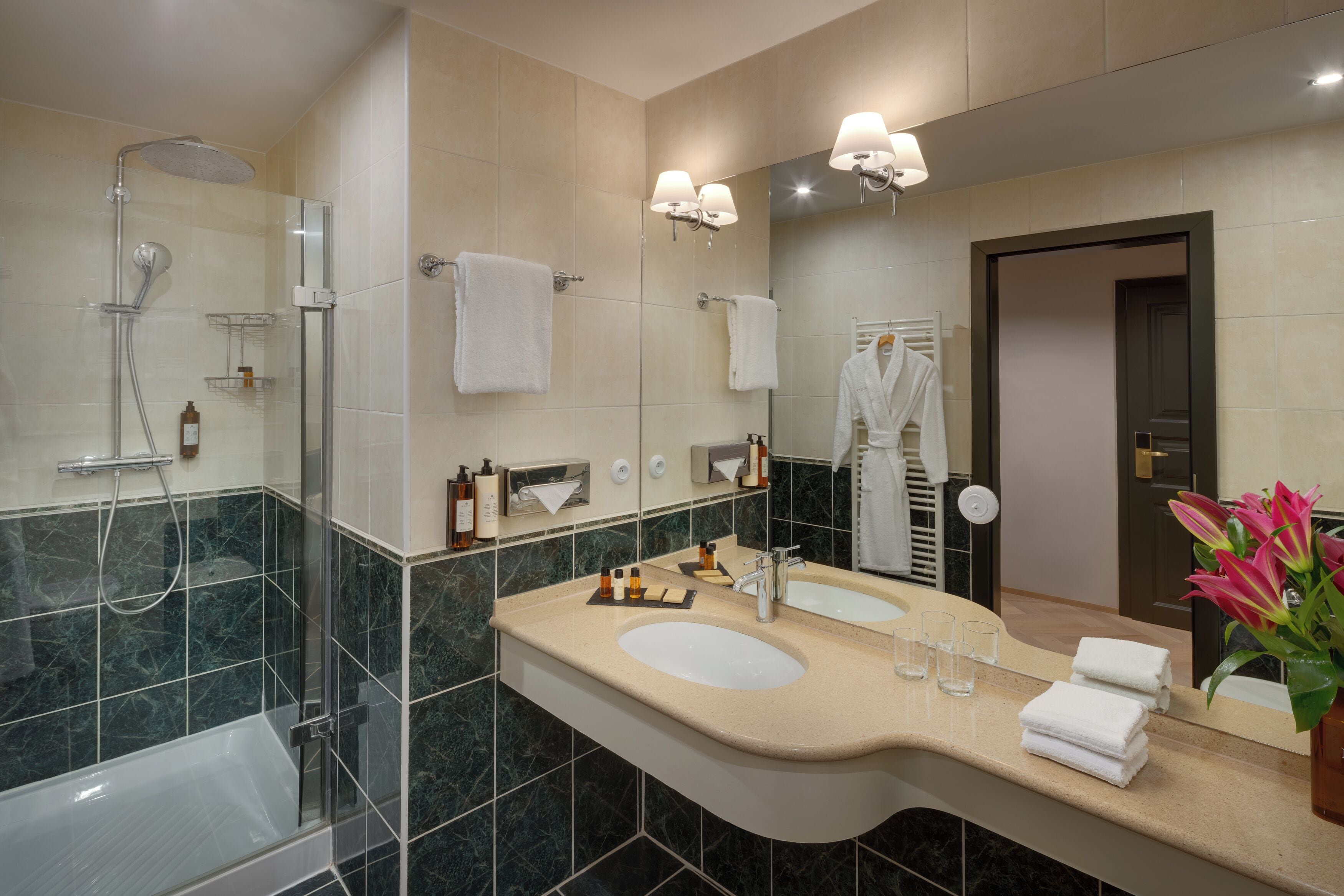 shower, designer toiletries, hair dryer, bidet