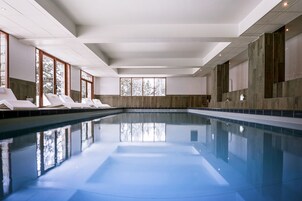 Indoor pool, open 10:00 AM to 8:00 PM, sun loungers