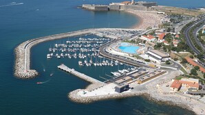 Vista aérea de un puerto deportivo costero con barcos, piscina y edificios circundantes.