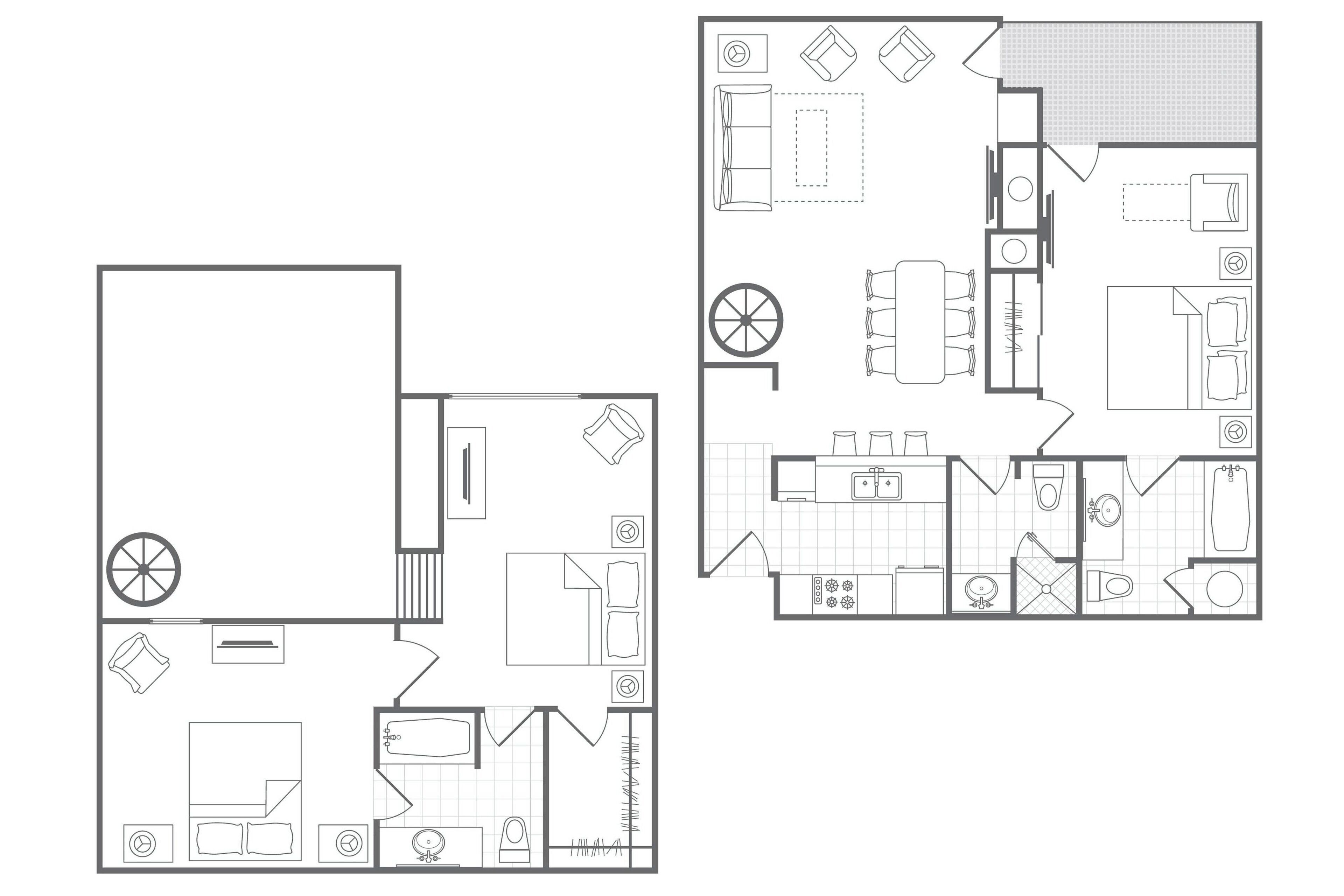 A floor plan of a hotel with a large open living area, a separate dining area, and a kitchen.