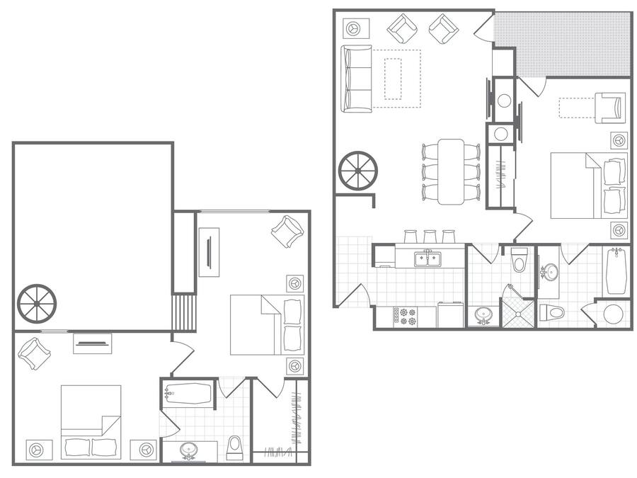Plano de planta de un hotel que muestra una amplia sala de estar, un comedor independiente y una cocina.