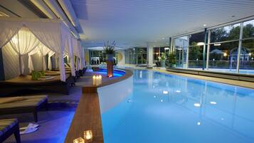 Indoor pool, outdoor pool, sun loungers