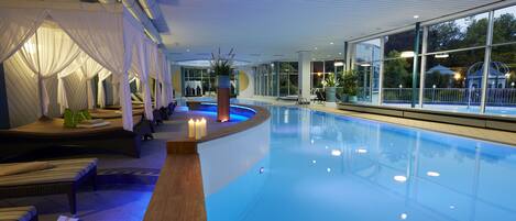 Indoor pool, outdoor pool, sun loungers
