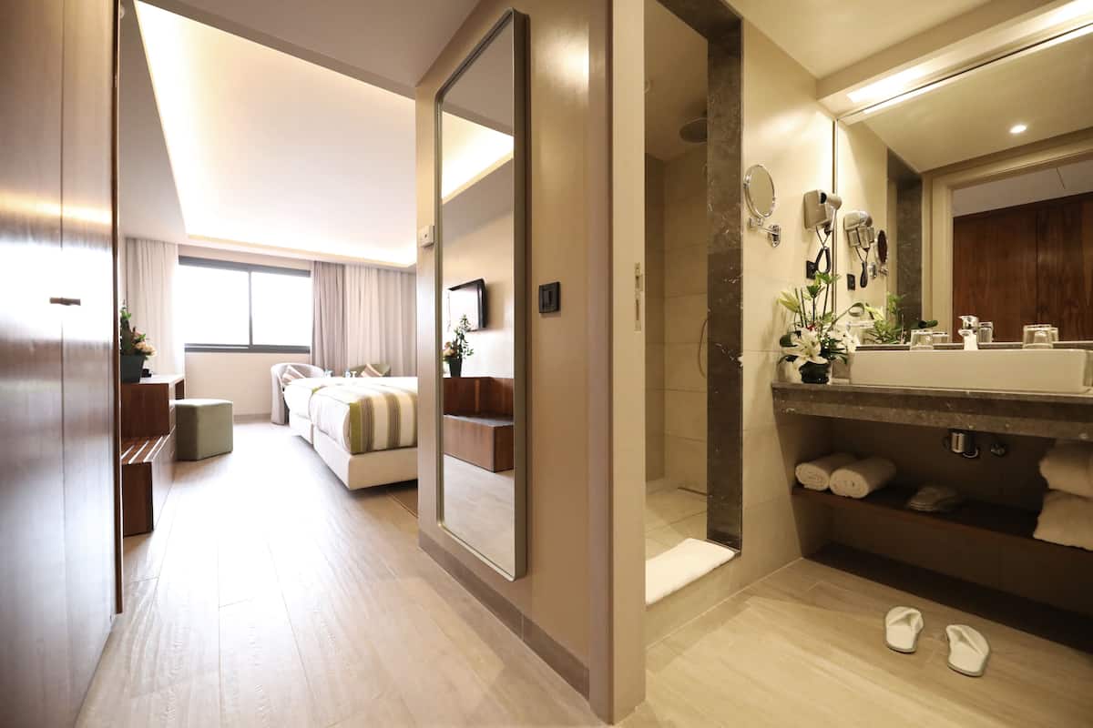 A modern hotel room with a large mirror, a walk-in closet, a bathroom with a shower, and a bed with a view of the city.