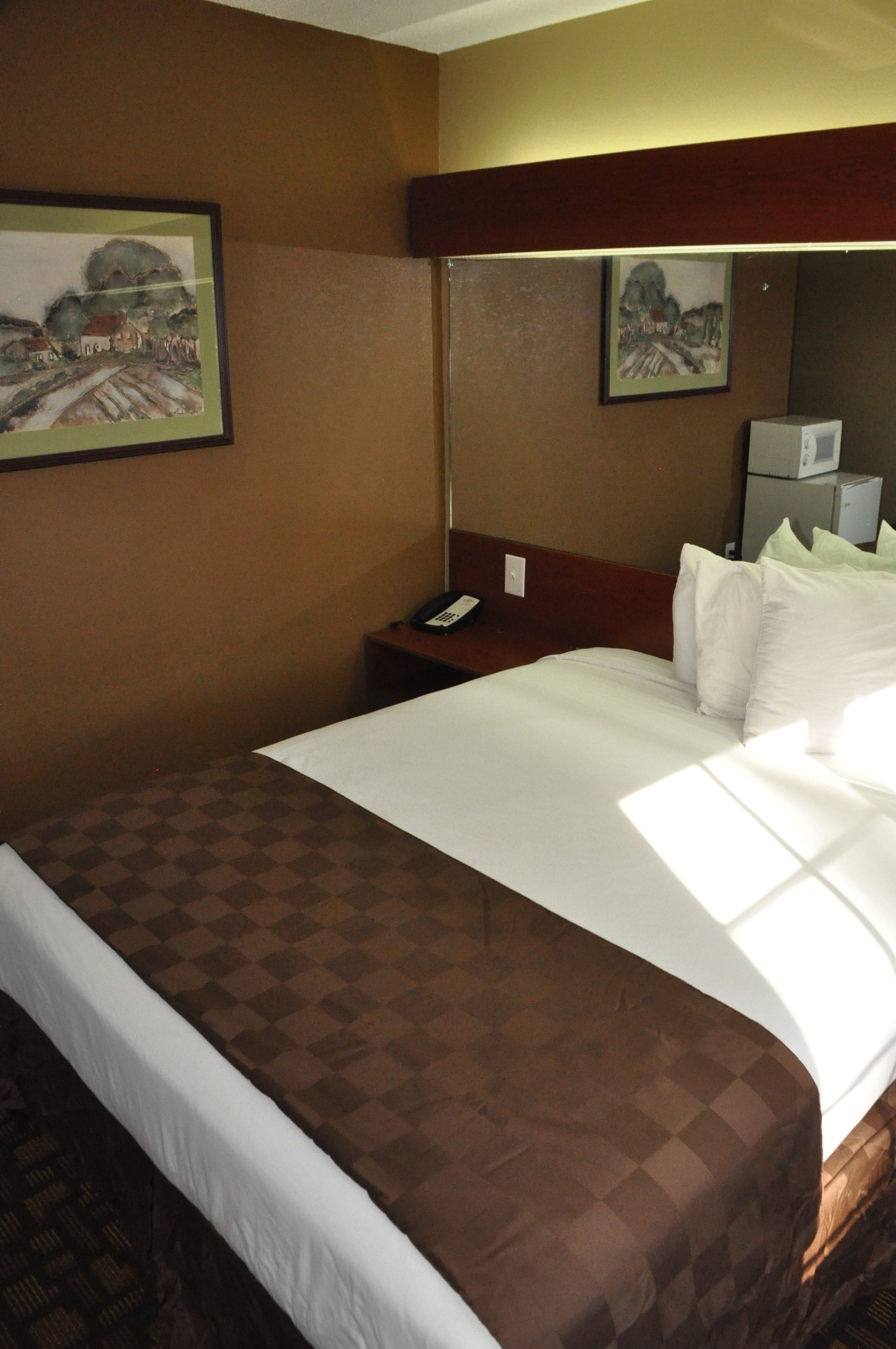 A hotel room with a large bed, a nightstand, a telephone, and two framed pictures on the wall.