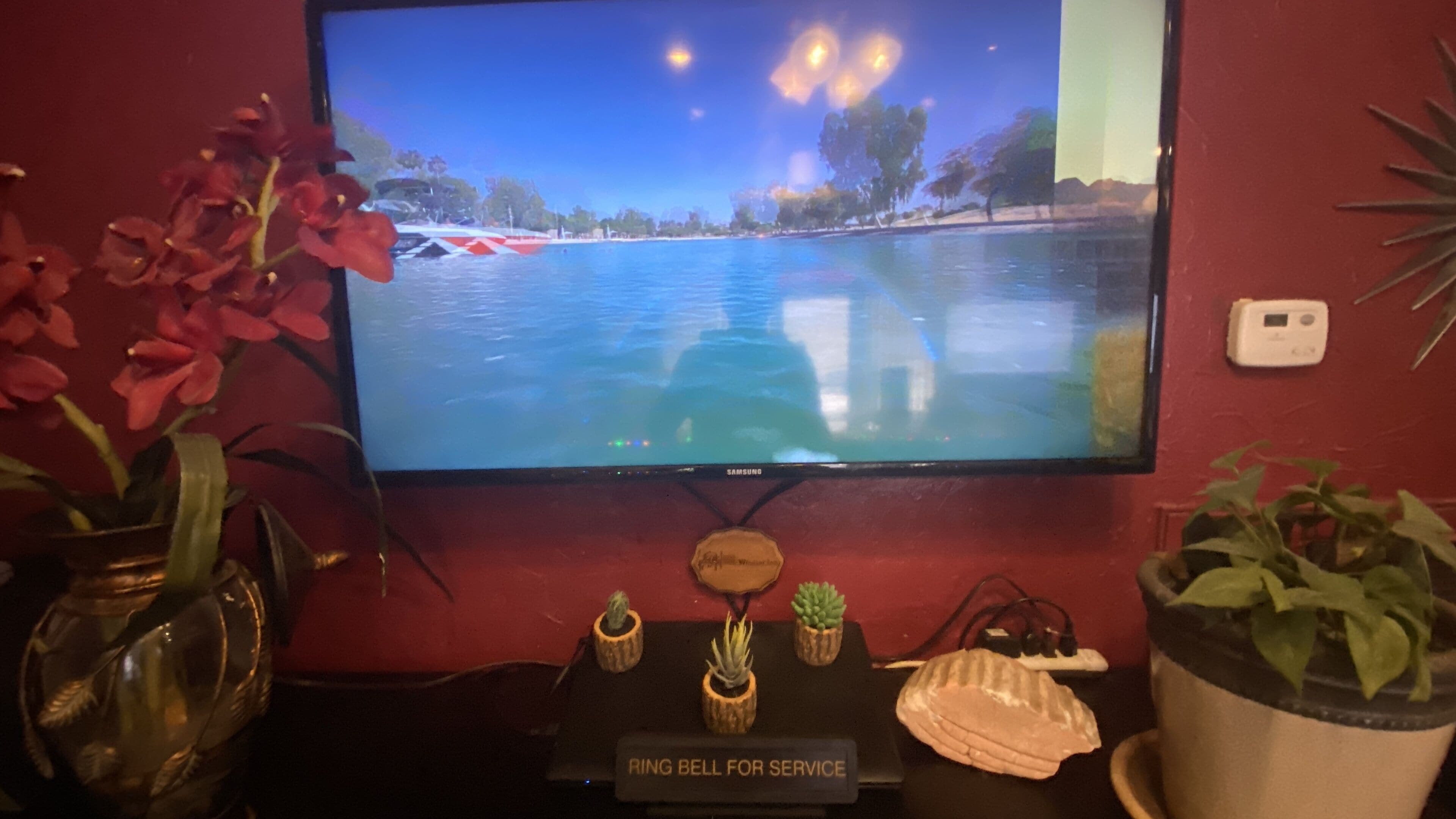 A television displaying a nighttime scene with a body of water and trees, a decorative plate with a ring bell, and potted plants on a table.