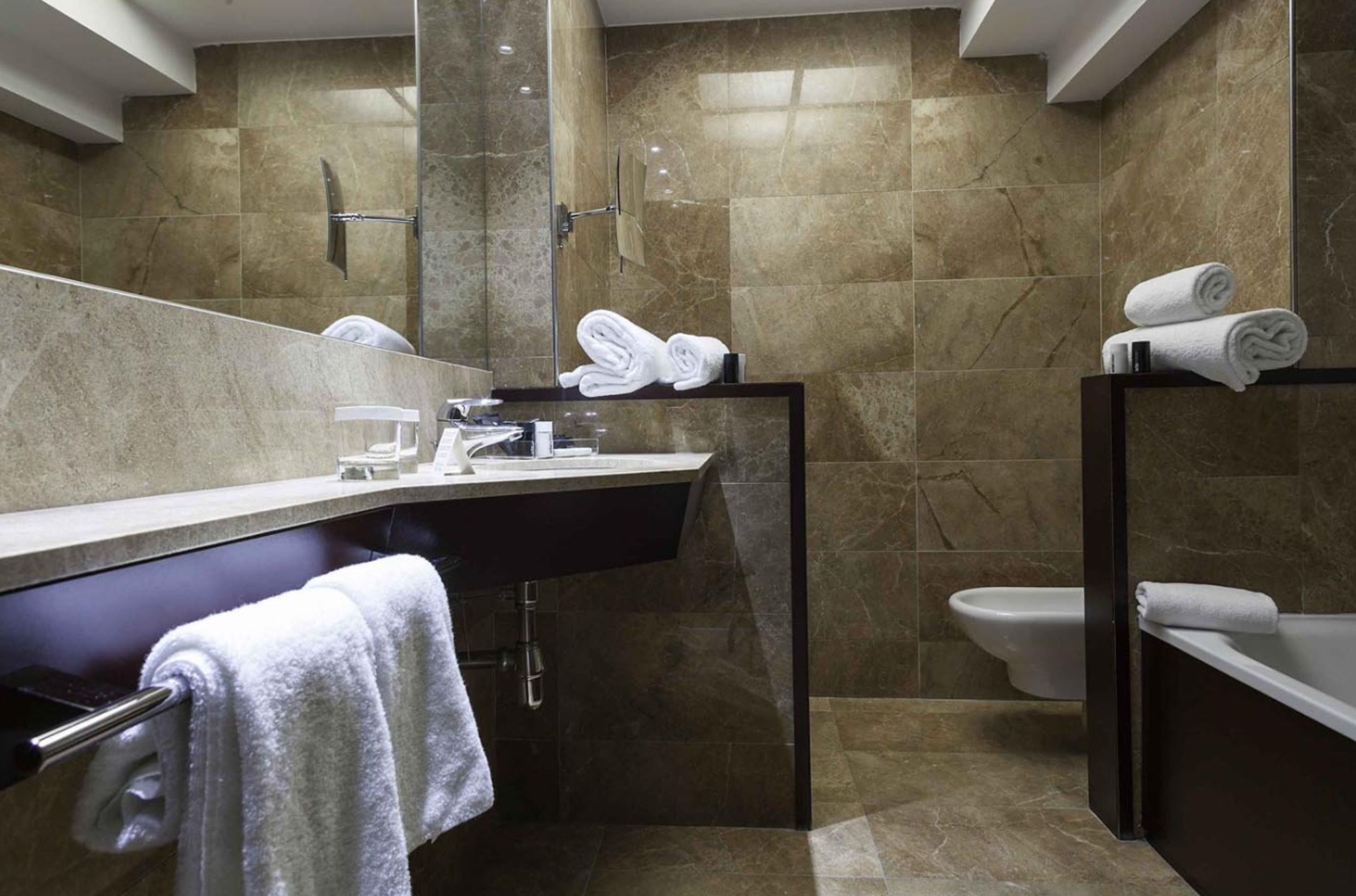 combined shower/bathtub, free toiletries, hair dryer, bidet