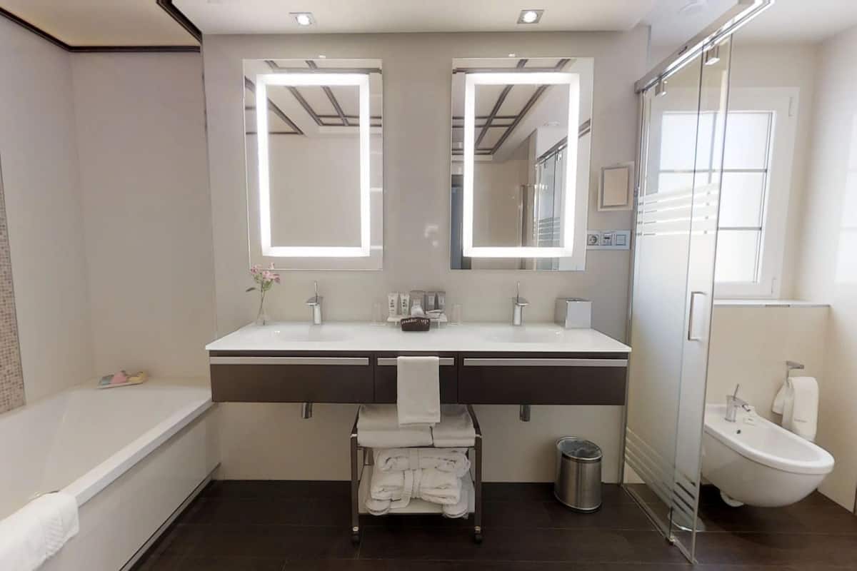 separate bathtub and shower, rainfall showerhead, hair dryer, bathrobes