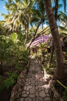 Un sendero de piedra que lleva a una construcción rústica con techo de paja, rodeada de exuberante vegetación tropical.