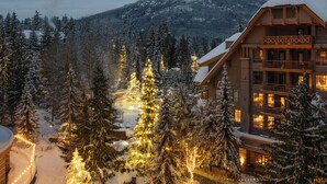 Een lodge met een balkon, omgeven door sneeuwbedekte bomen en een berg op de achtergrond.