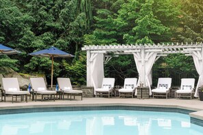 Outdoor pool, pool umbrellas, pool loungers