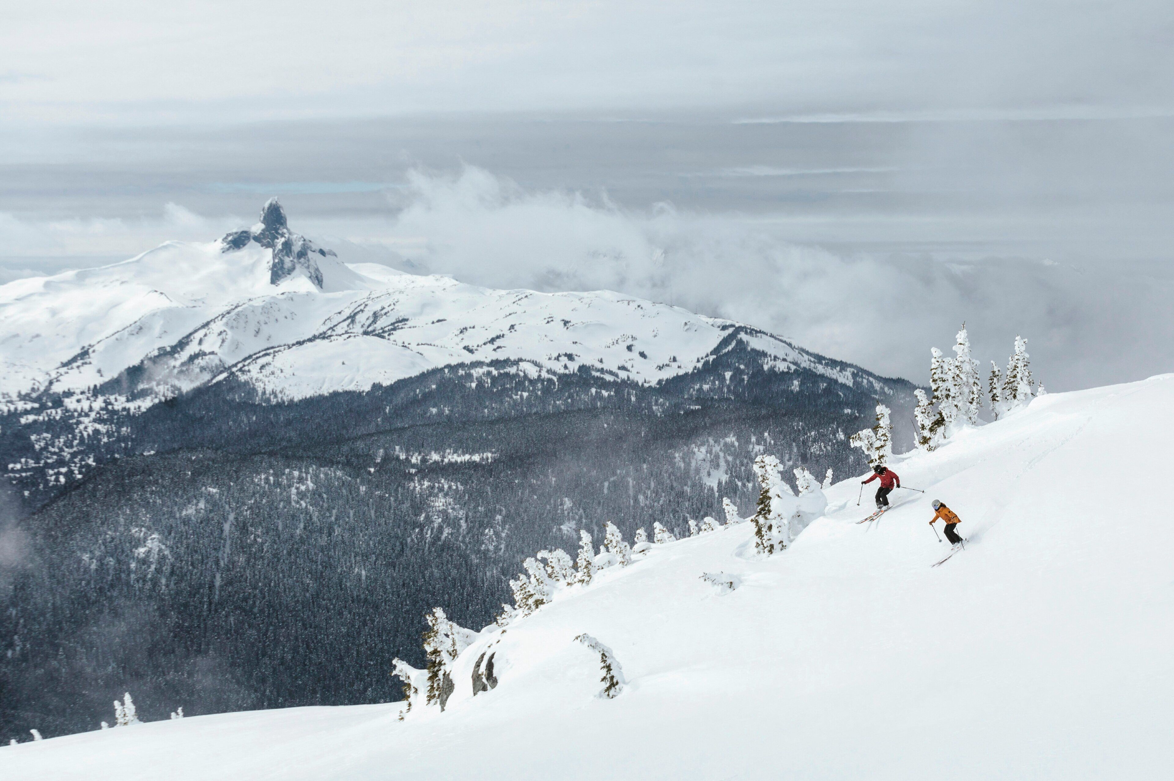 A snowy mountain landscape with skiers.