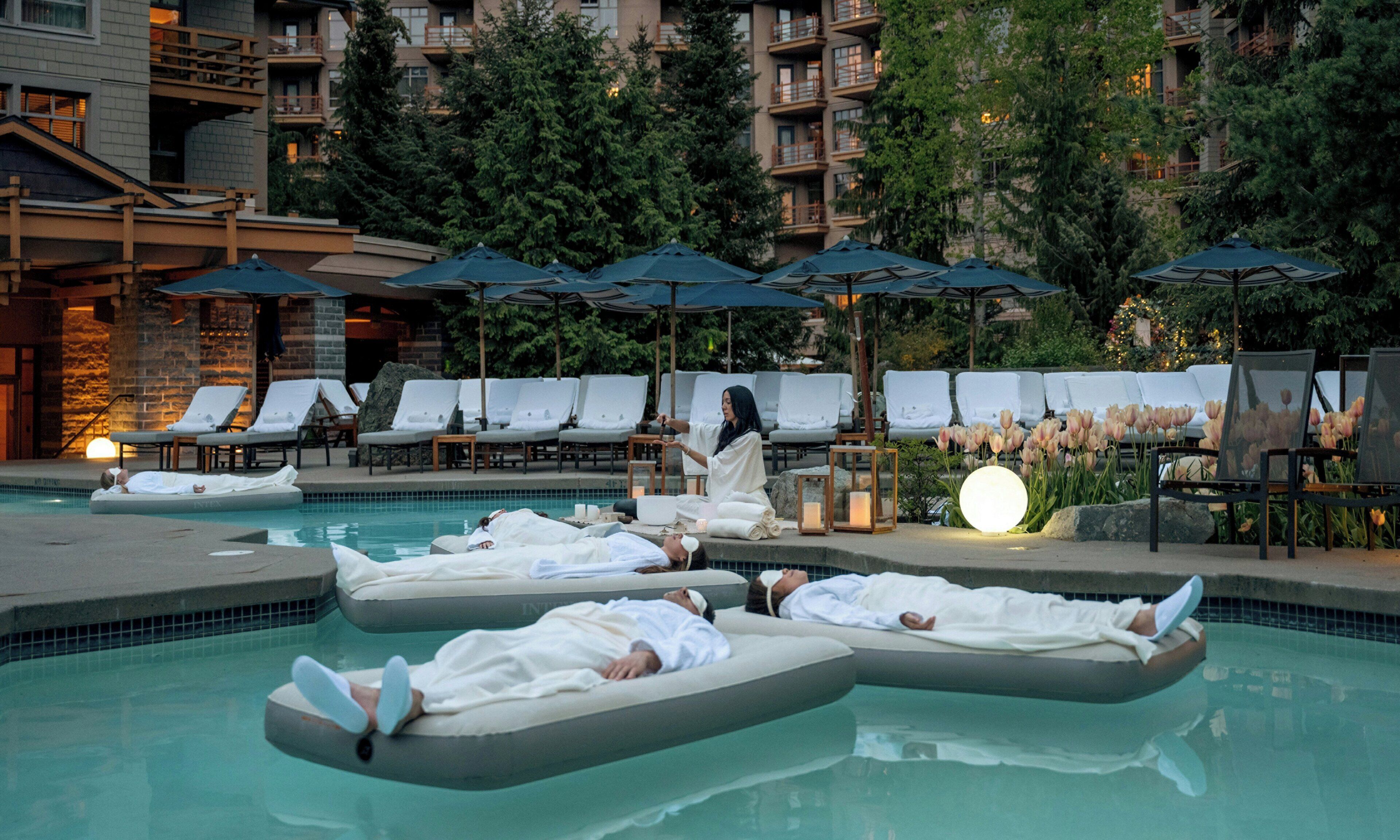 outdoor pool, pool umbrellas, pool loungers